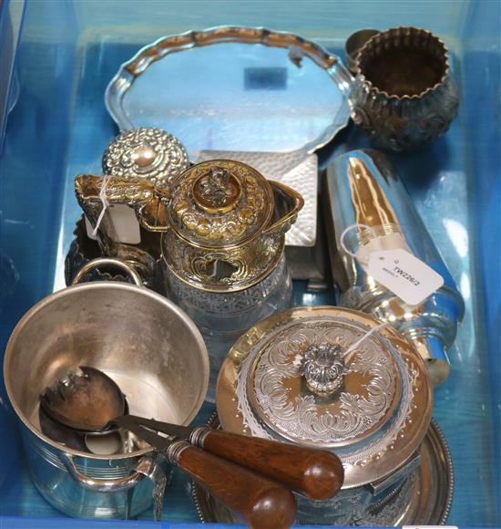 A Victorian plate-mounted cut glass claret jug, with lion finial and sundry silver and plate,